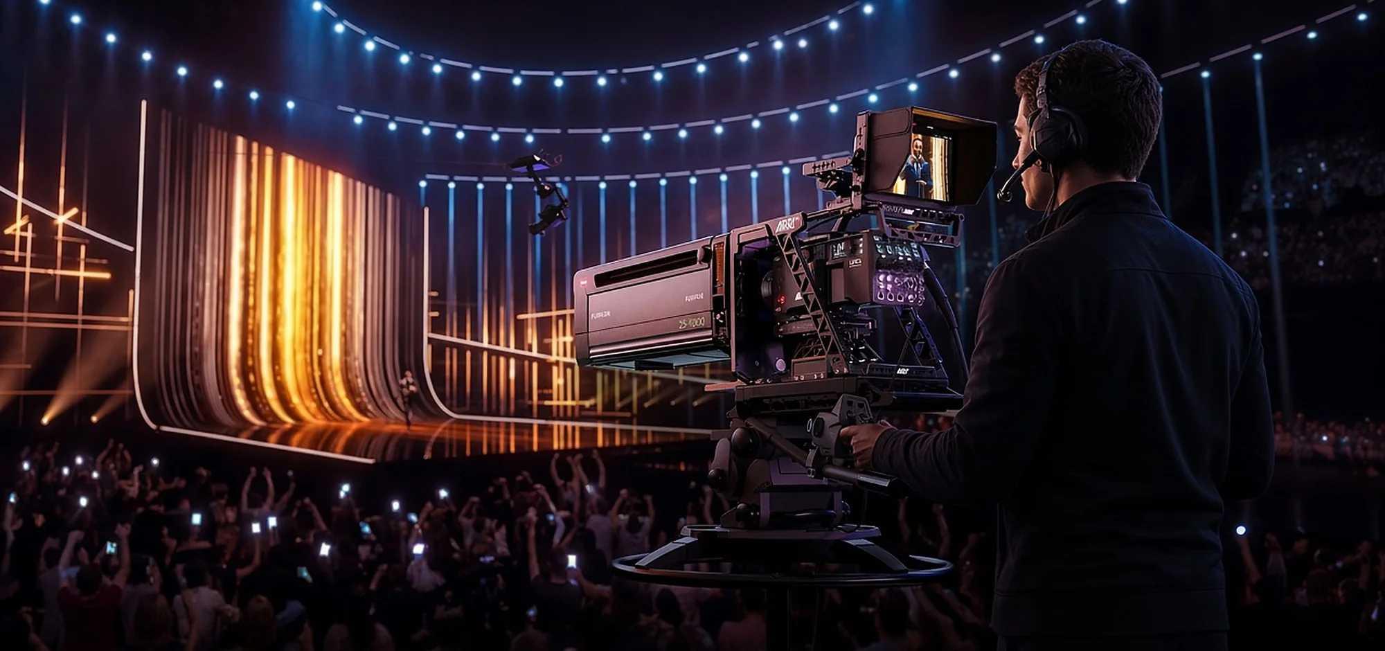 Camera operator with a broadcast box lens camera covering a live arena show