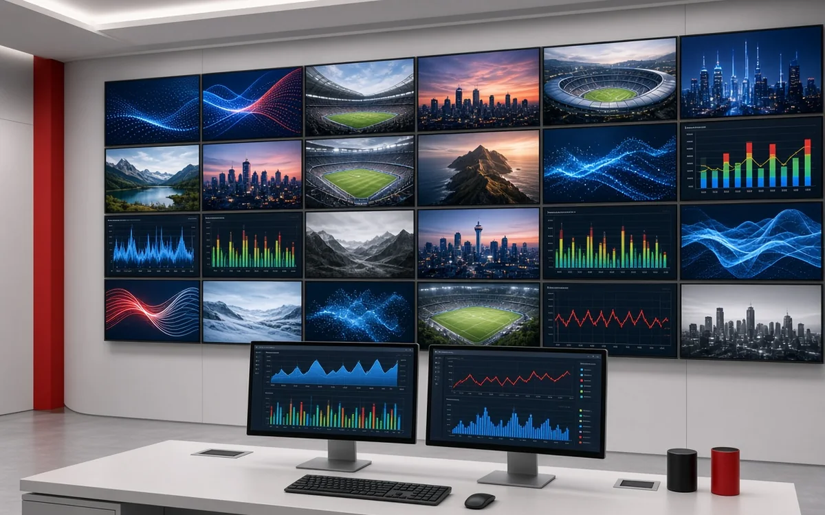Media monitoring wall with broadcast feeds and analytics