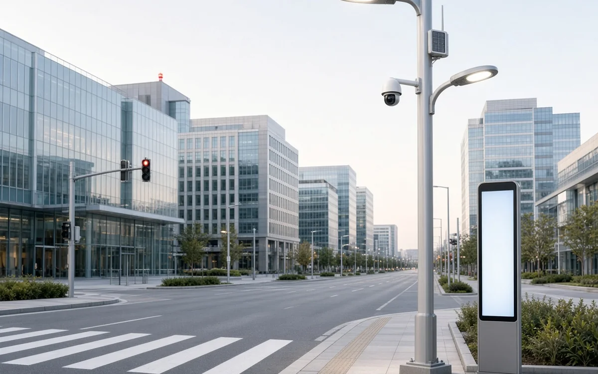 Smart city street with smart poles, LED lighting and CCTV