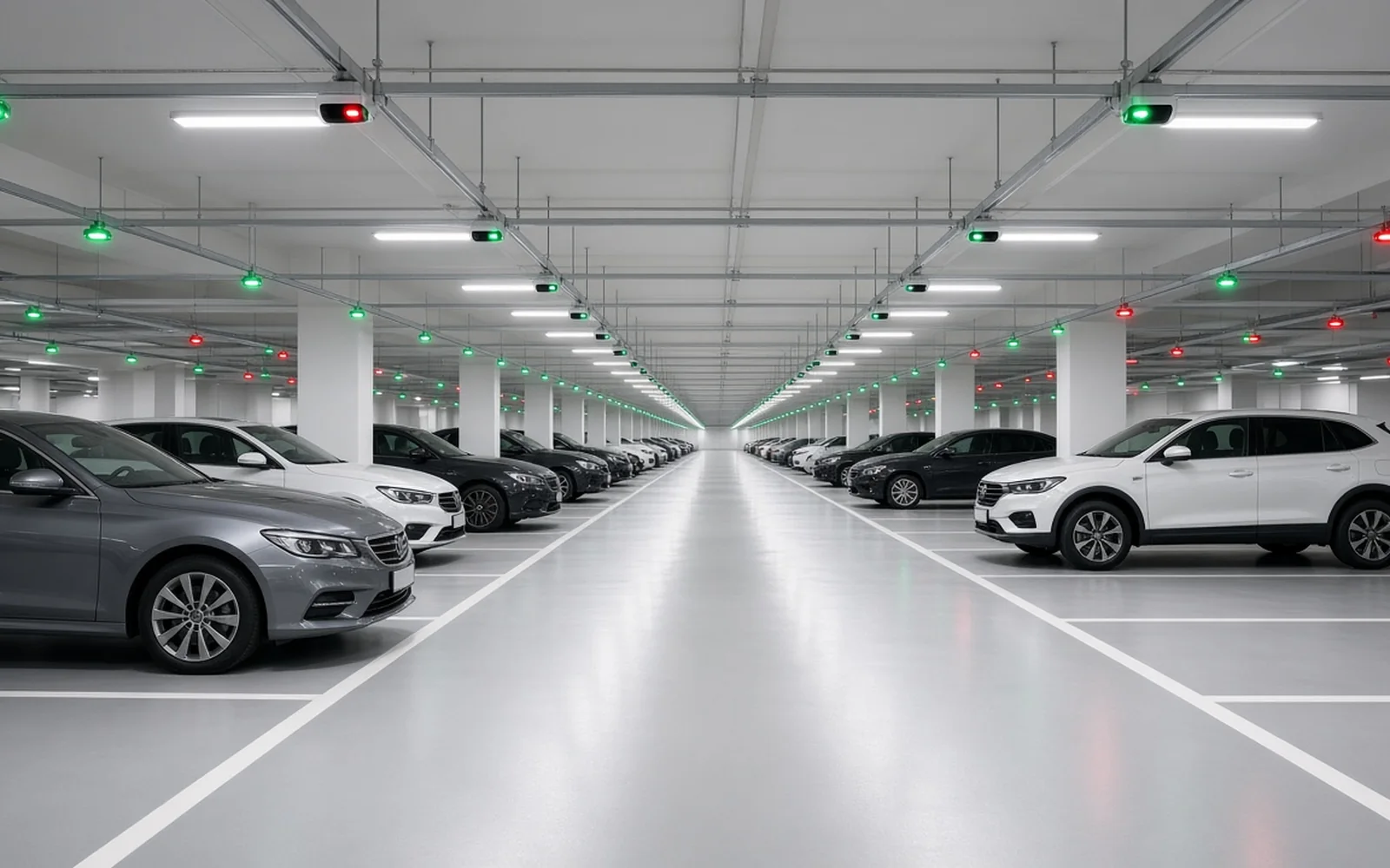 Car park with bay guidance lights and number plate cameras
