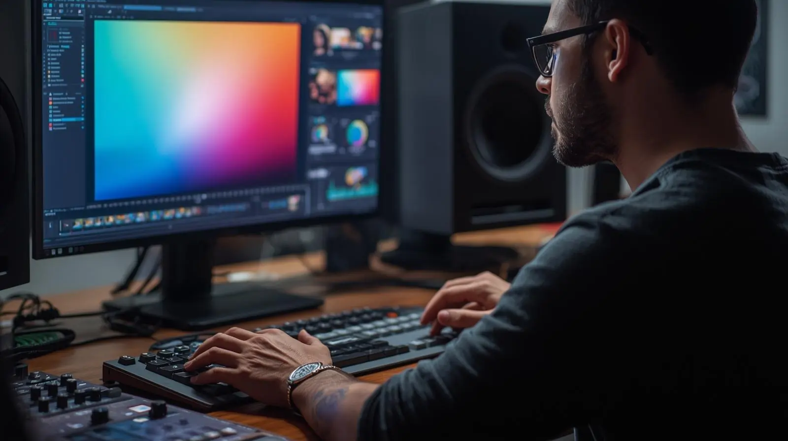 A colourist at a grading desk with a large reference monitor, hands on the control surface