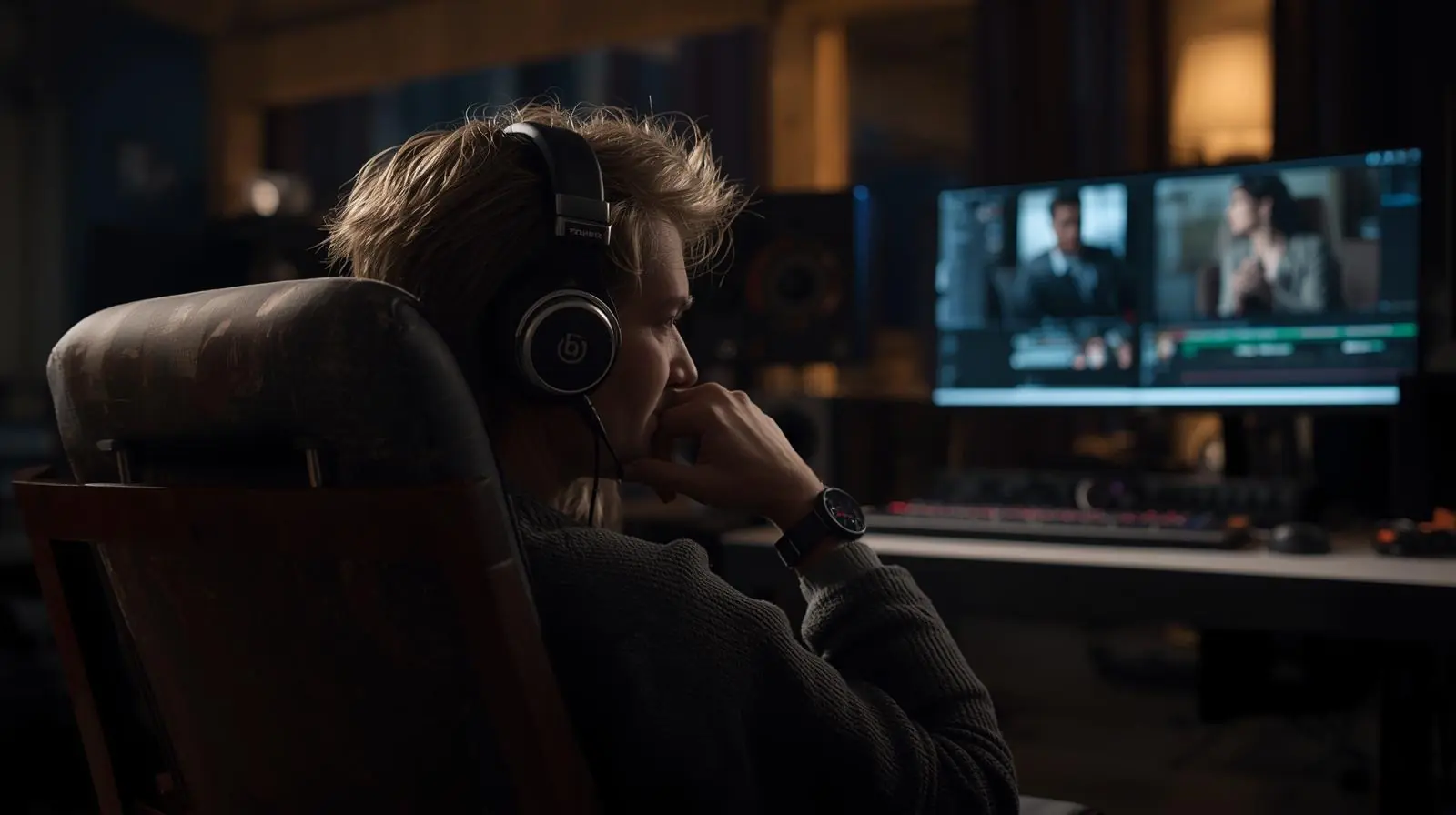 A thoughtful editor or filmmaker reviewing footage