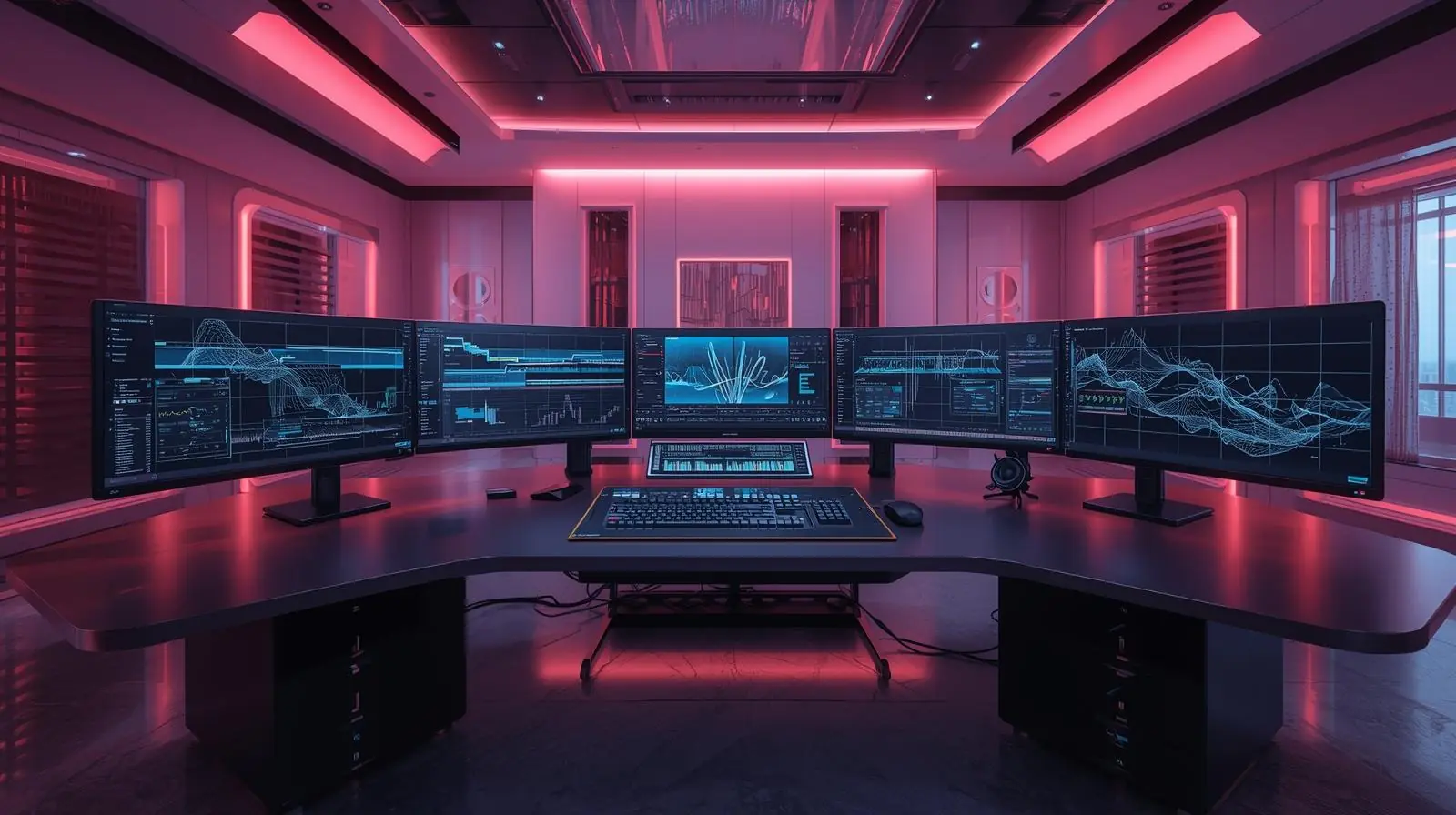 A futuristic studio setup with ultra-wide monitors, LED lighting, and advanced editing hardware