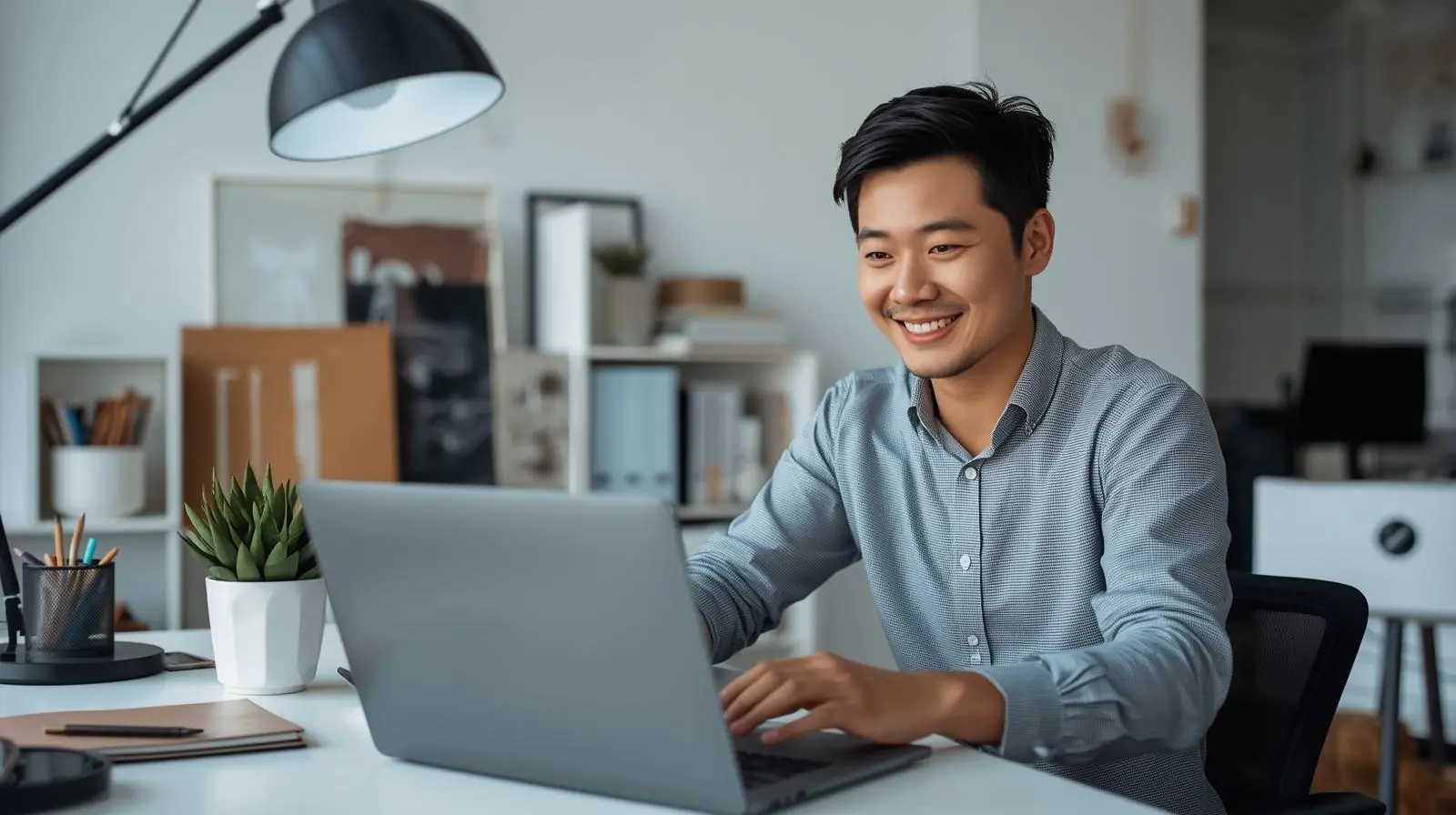 A smiling creative professional in a bright workspace, relaxed while editing