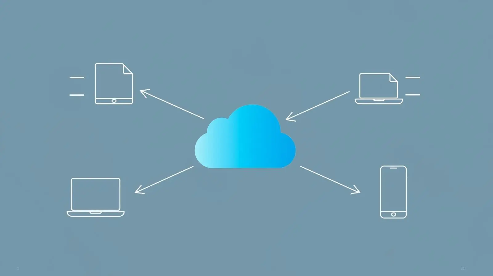 A clean infographic showing how files are stored in the cloud and accessed from multiple devices