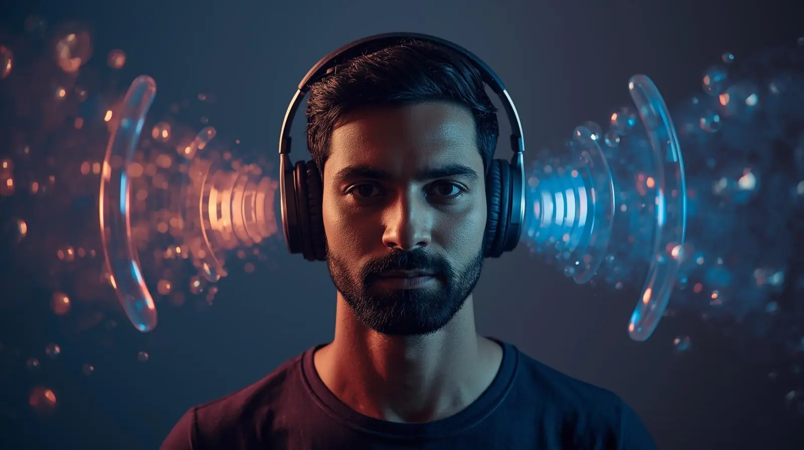 A conceptual photo showing a person wearing headphones with visual sound waves or 3D sound “bubbles” around