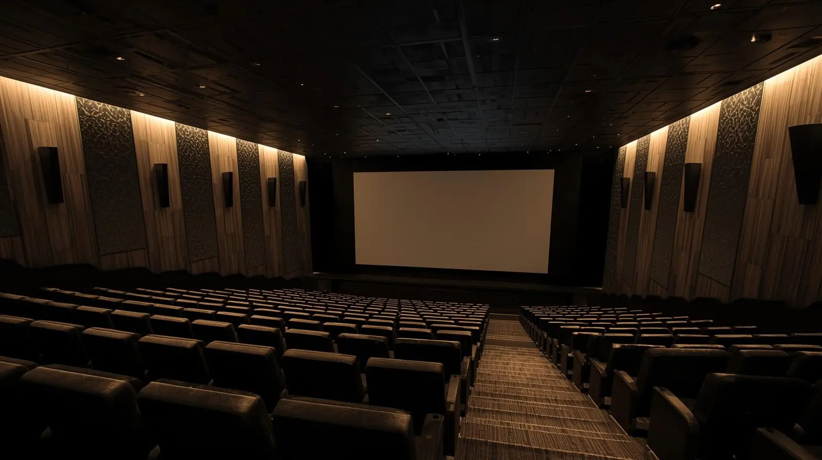 A modern cinema hall with ceiling and side speakers visible