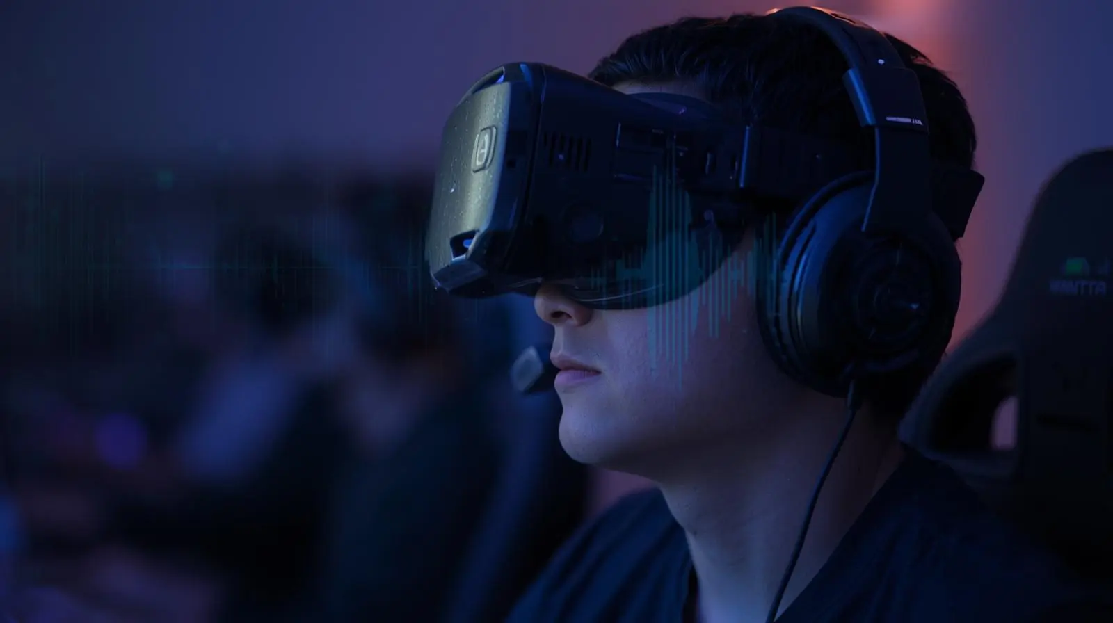 A VR gamer or someone wearing large over-ear headphones, with subtle sound bubble graphics edited