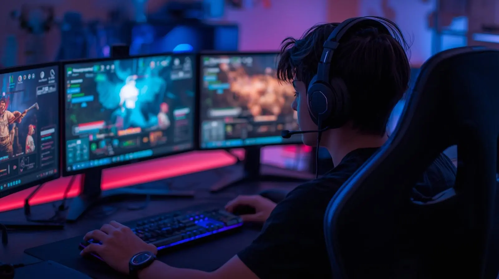 A gamer at a desk, surrounded by glowing monitors and wearing surround-sound headphones