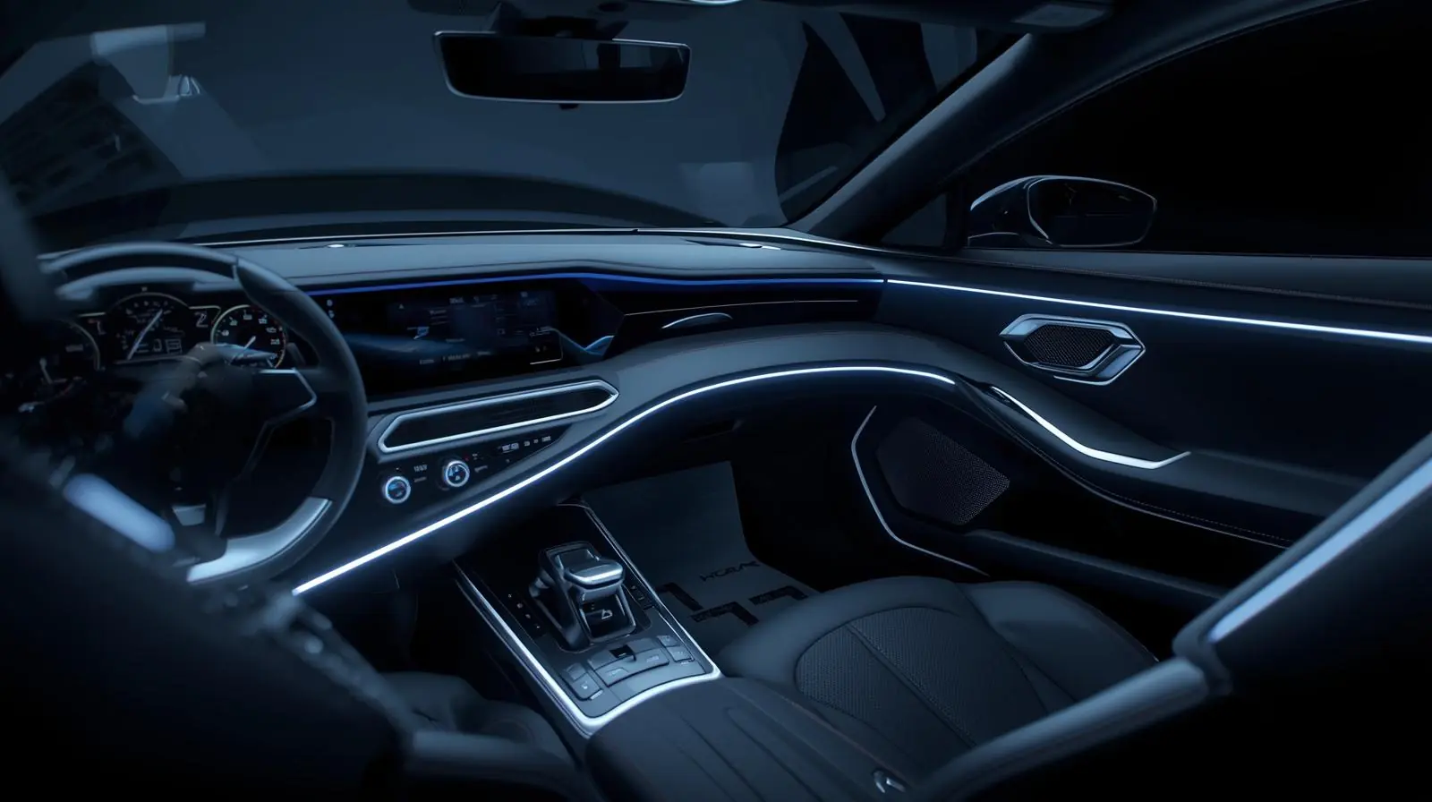A futuristic car interior with speakers integrated subtly into the design