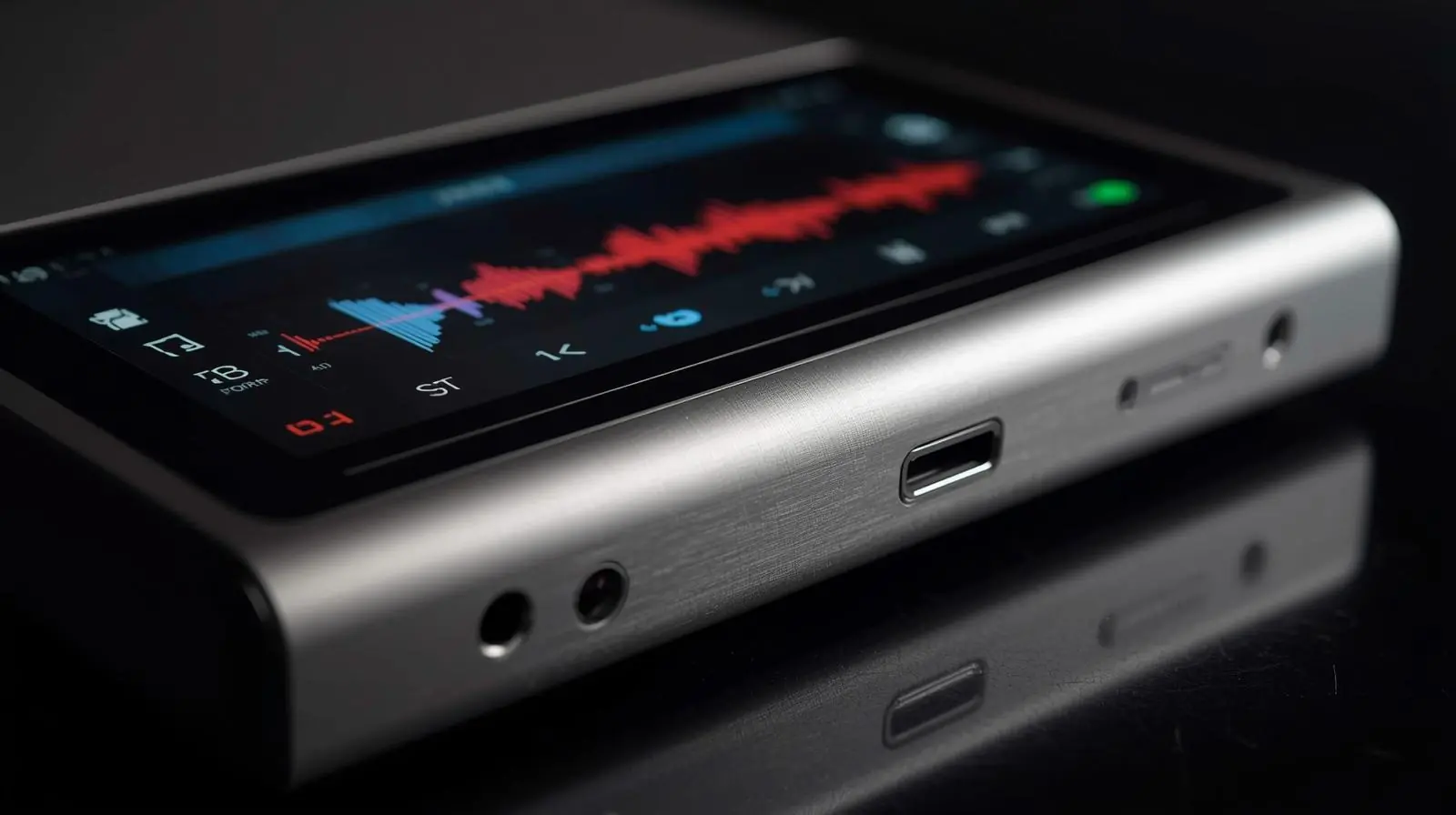 A close-up of a high-end digital audio player or DAC (Digital-to-Analogue Converter) with hi-res audio files