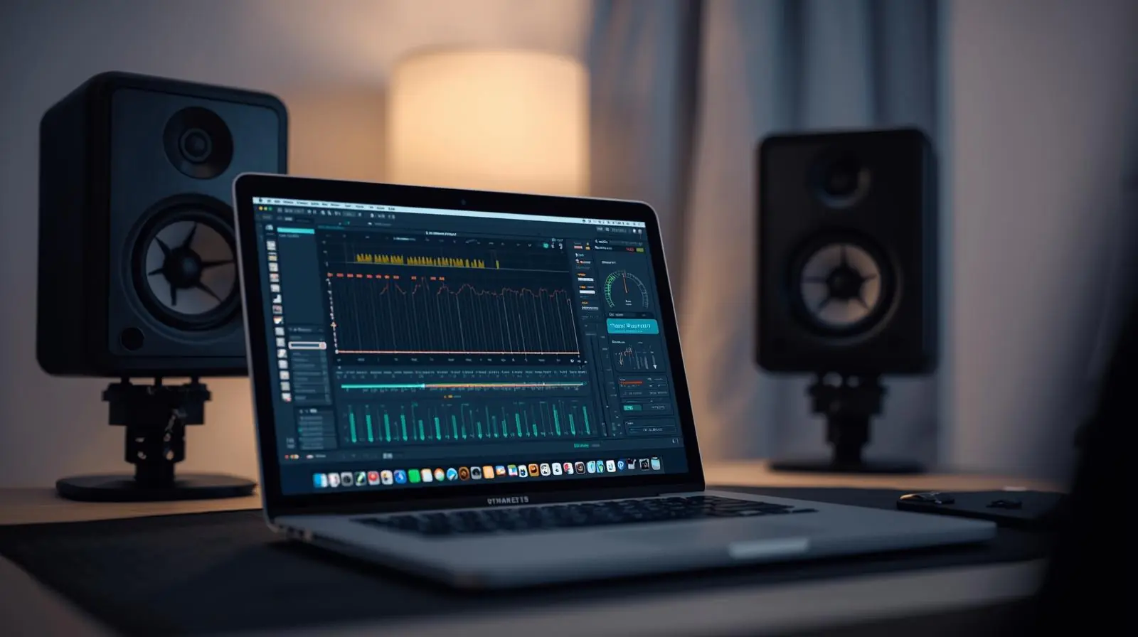 A laptop screen displaying an AI mastering software interface