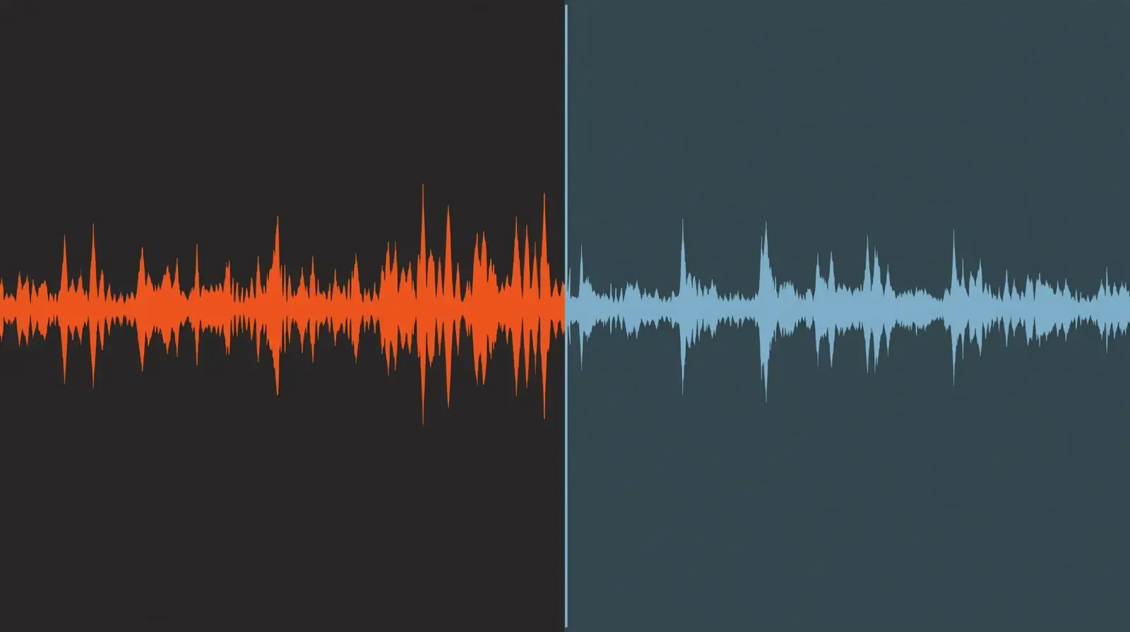 Split visual of a waveform before and after mastering (raw vs polished)
