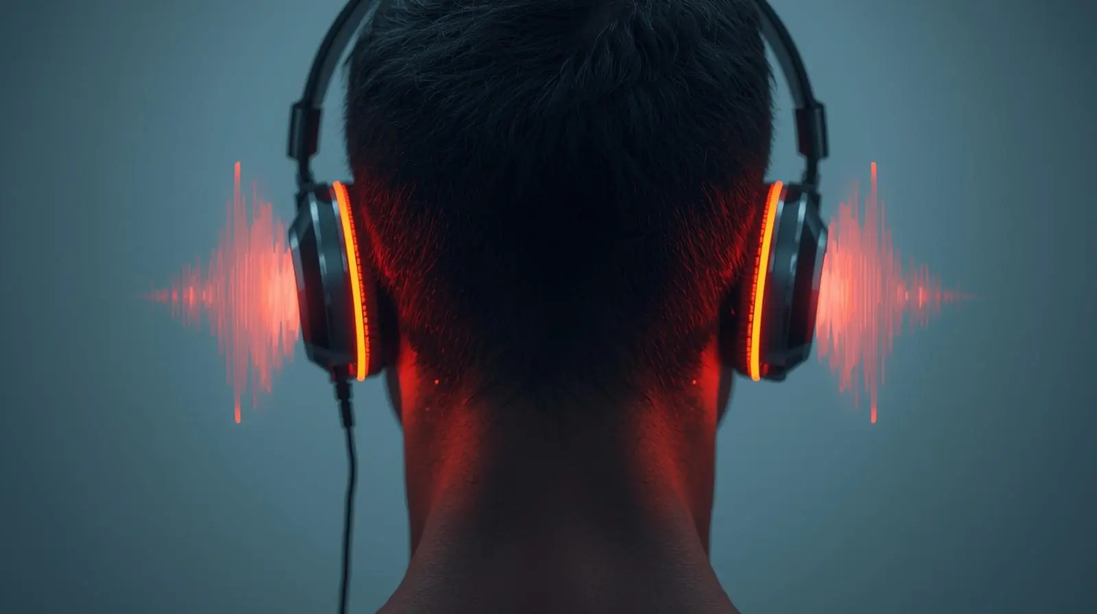 Someone wearing over-ear headphones, with a visual overlay of sound waves adapting around the e