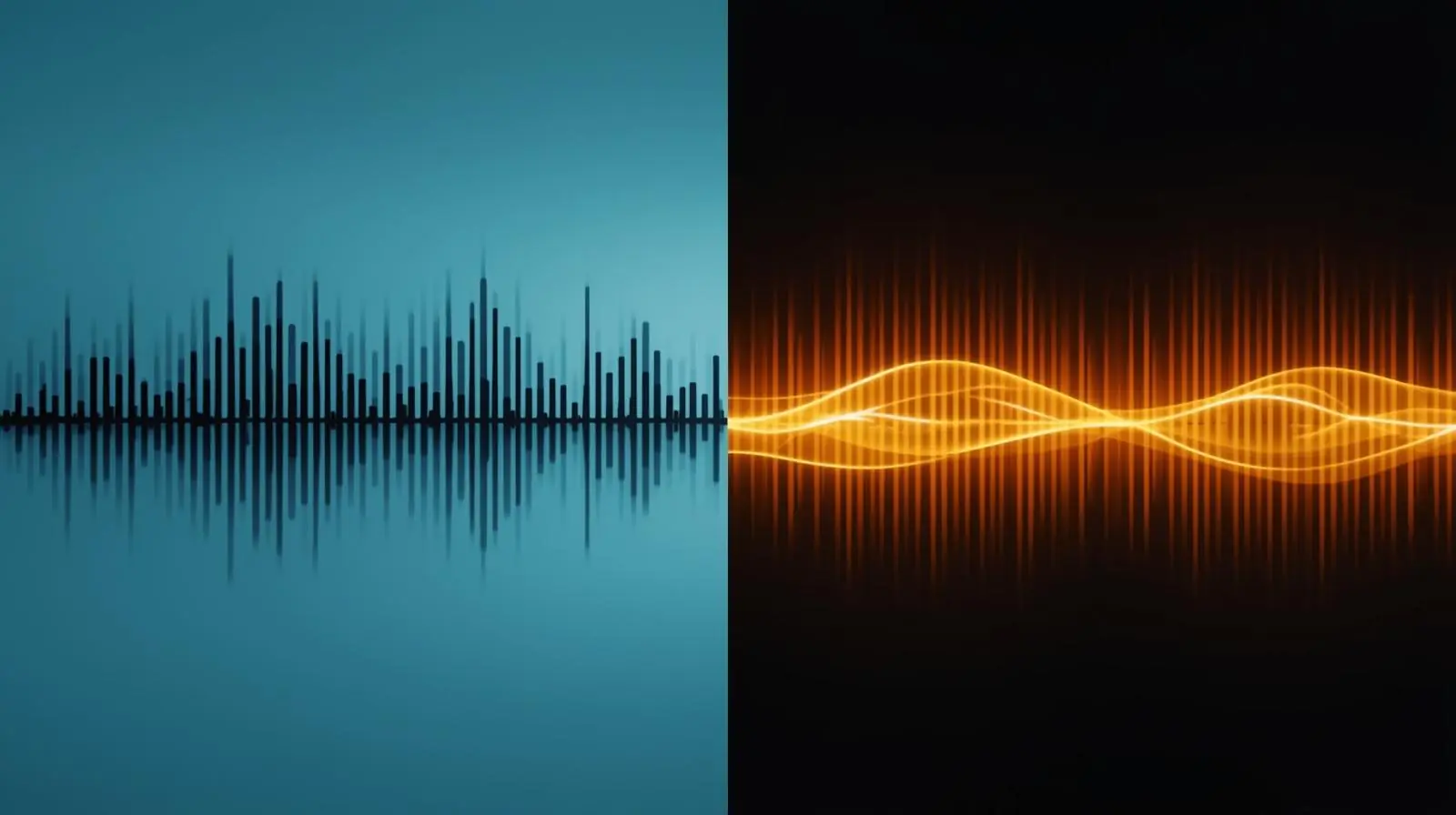 Split-screen visual on one side generic flat audio waves, on the other customised