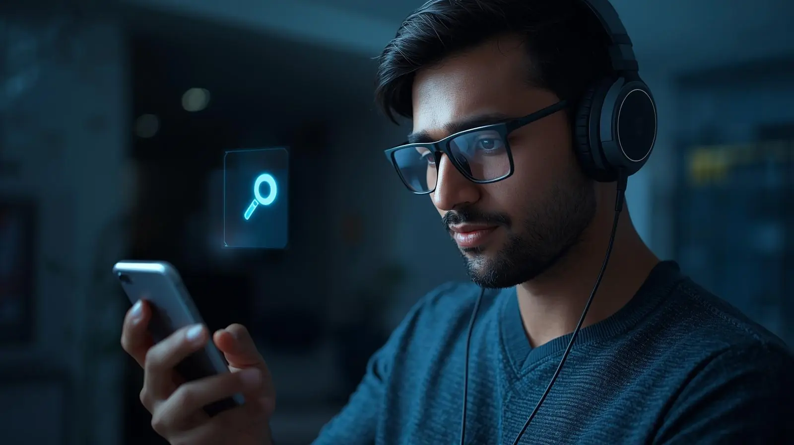 A person using voice commands on headphones or a smartphone, with a subtle holographic search icon