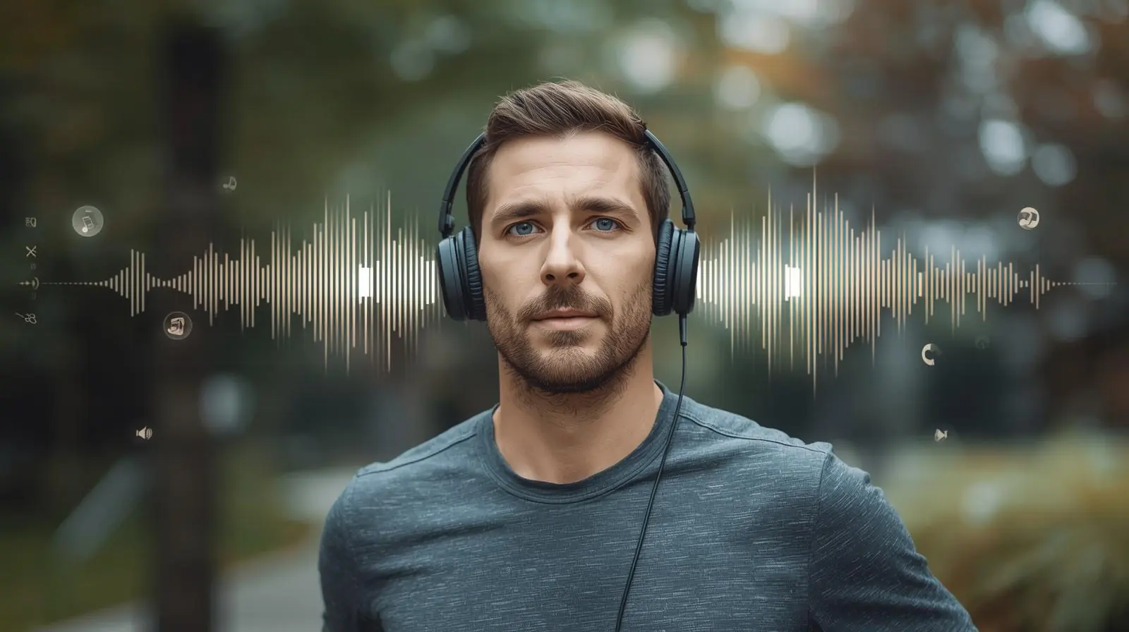 Someone jogging or working with headphones, with digital overlays showing both playlist icons