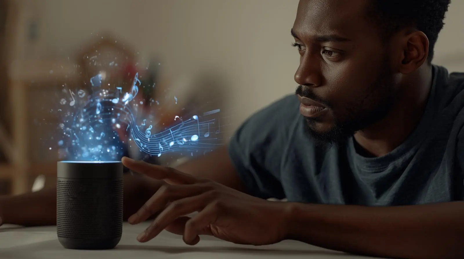 Person speaking to a smart speaker with music icons or subtle visual cues