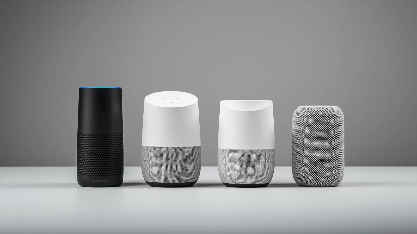 Popular devices side by side, Amazon Echo, Google Nest Audio, Apple HomePod, Sonos speaker, Neutral back