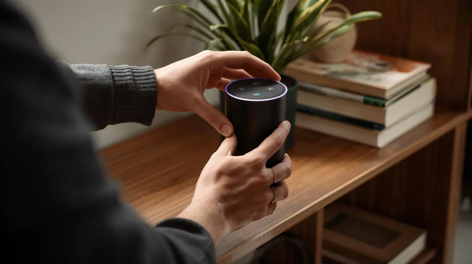 A person placing or setting up a smart speaker on a shelf or desk