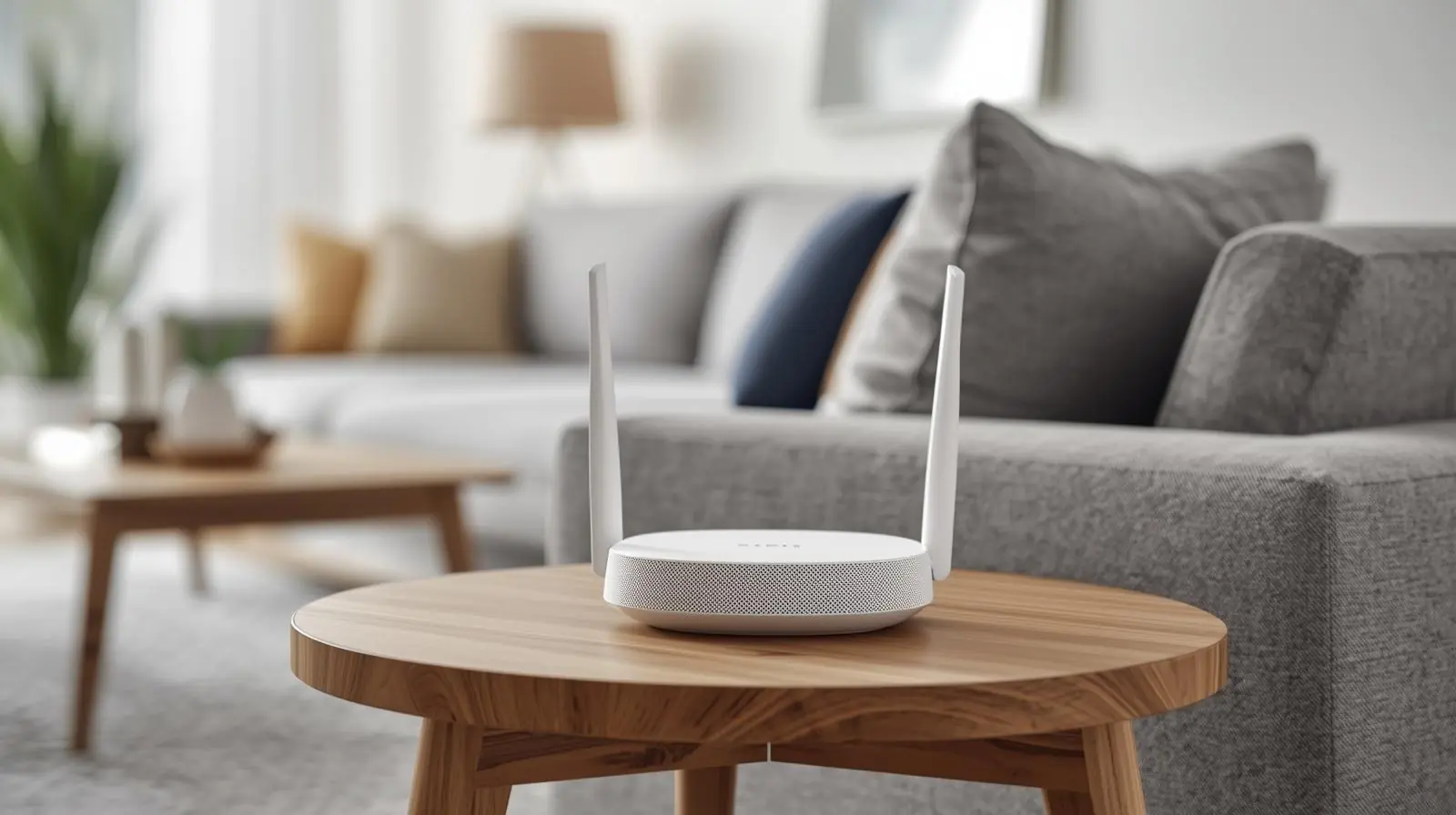 A mesh Wi-Fi router placed neatly in a modern home setting