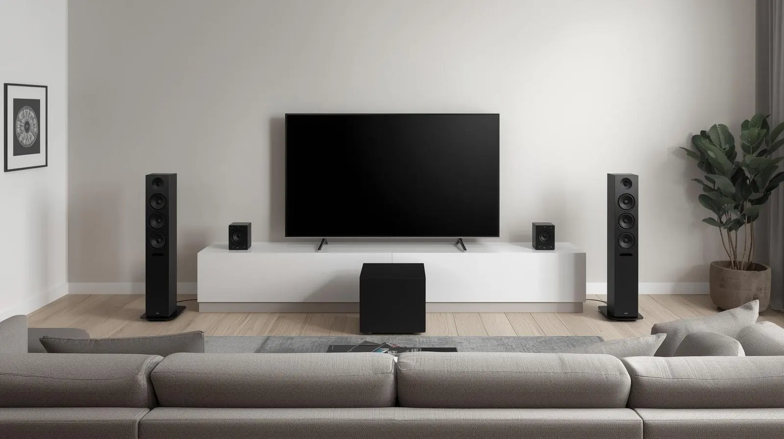 5.1 surround system in a living room (TV, front speakers, centre, rear speakers, subwoofer)