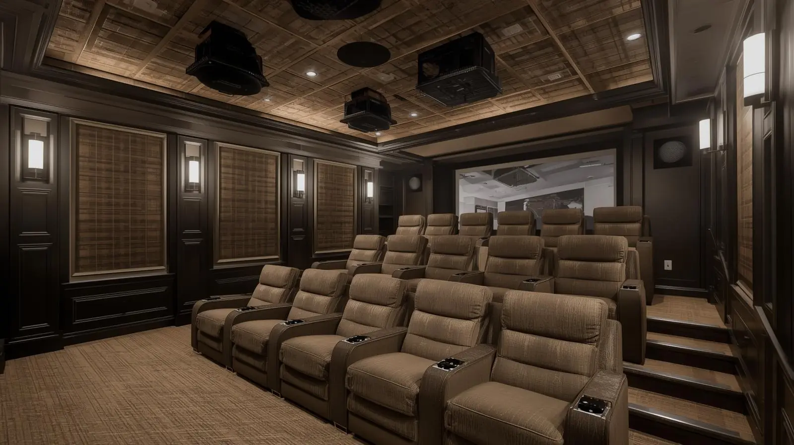 A home theatre with ceiling-mounted or upward-firing Atmos speakers visible