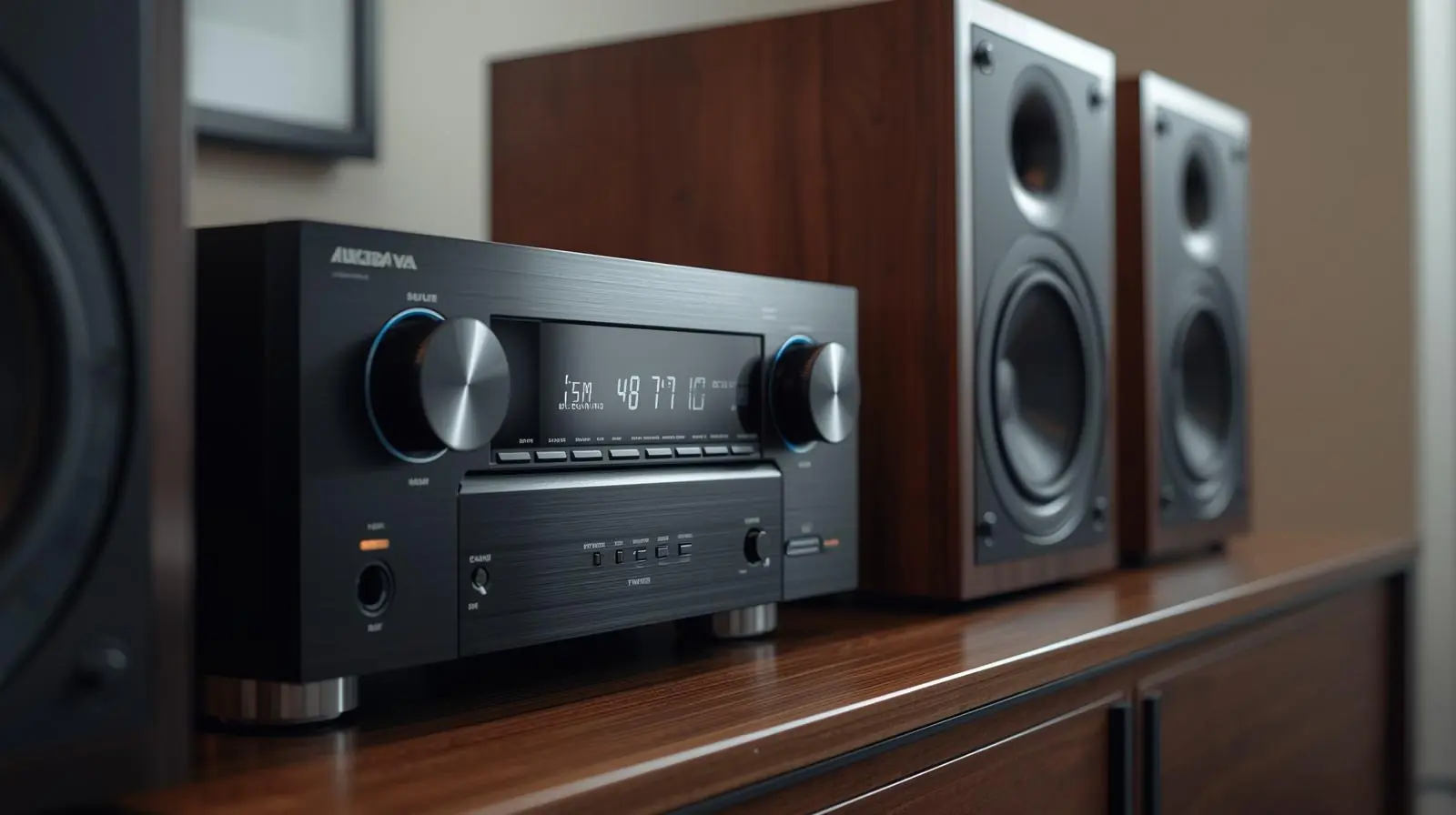 Close-up of an AV receiver and high-quality speakers, neatly arranged