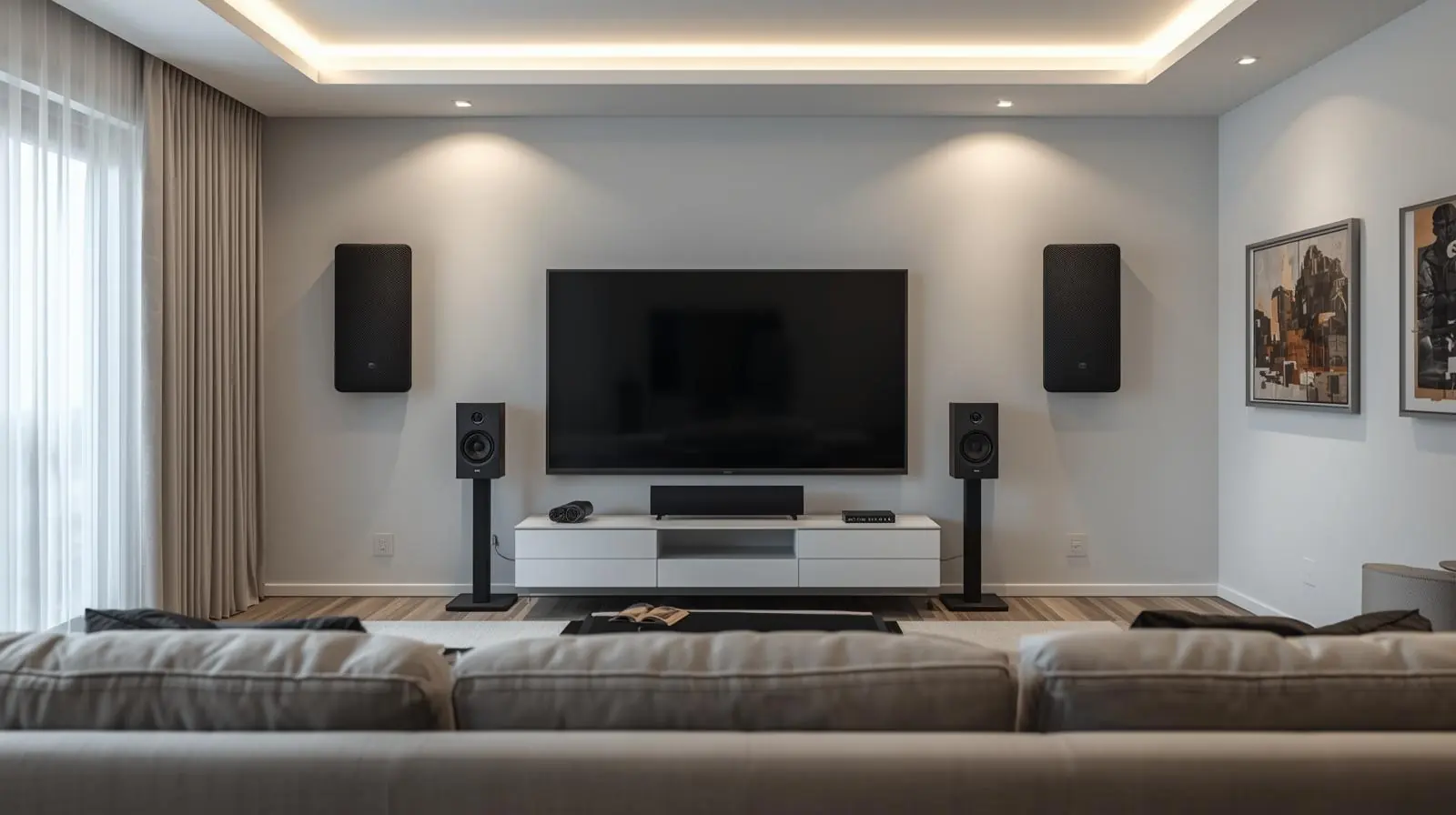 A room photo showing correct speaker placement (front, centre, rear, ceiling upward)