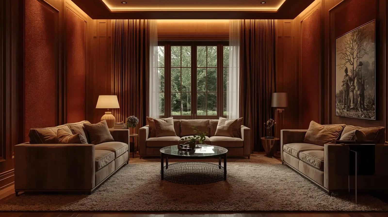 A cosy living room setup with curtains, rug, and warm lighting, showing good acoustic treatment and ambiance