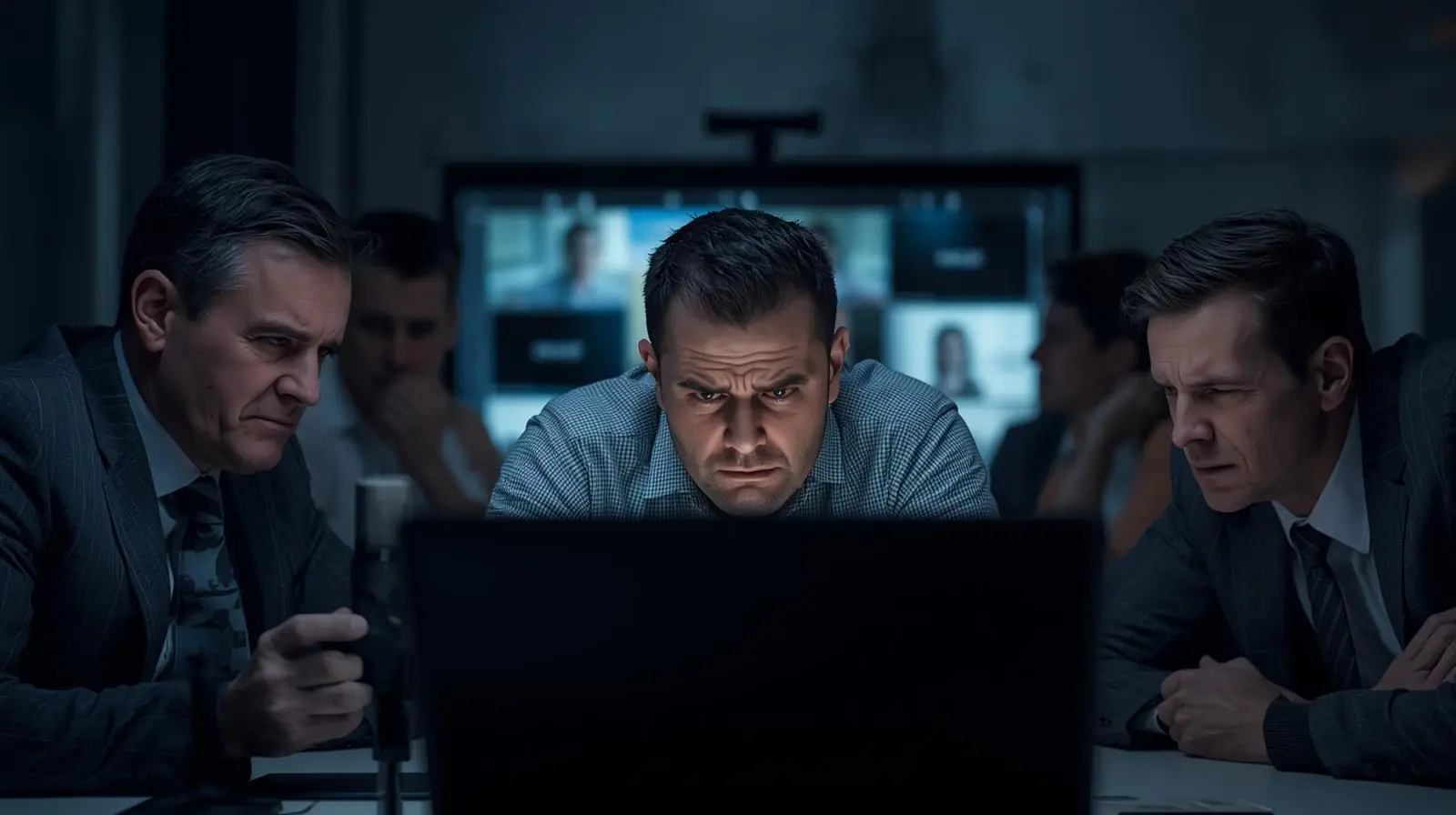 A photo showing frustrated people in a meeting with bad audio video on screen