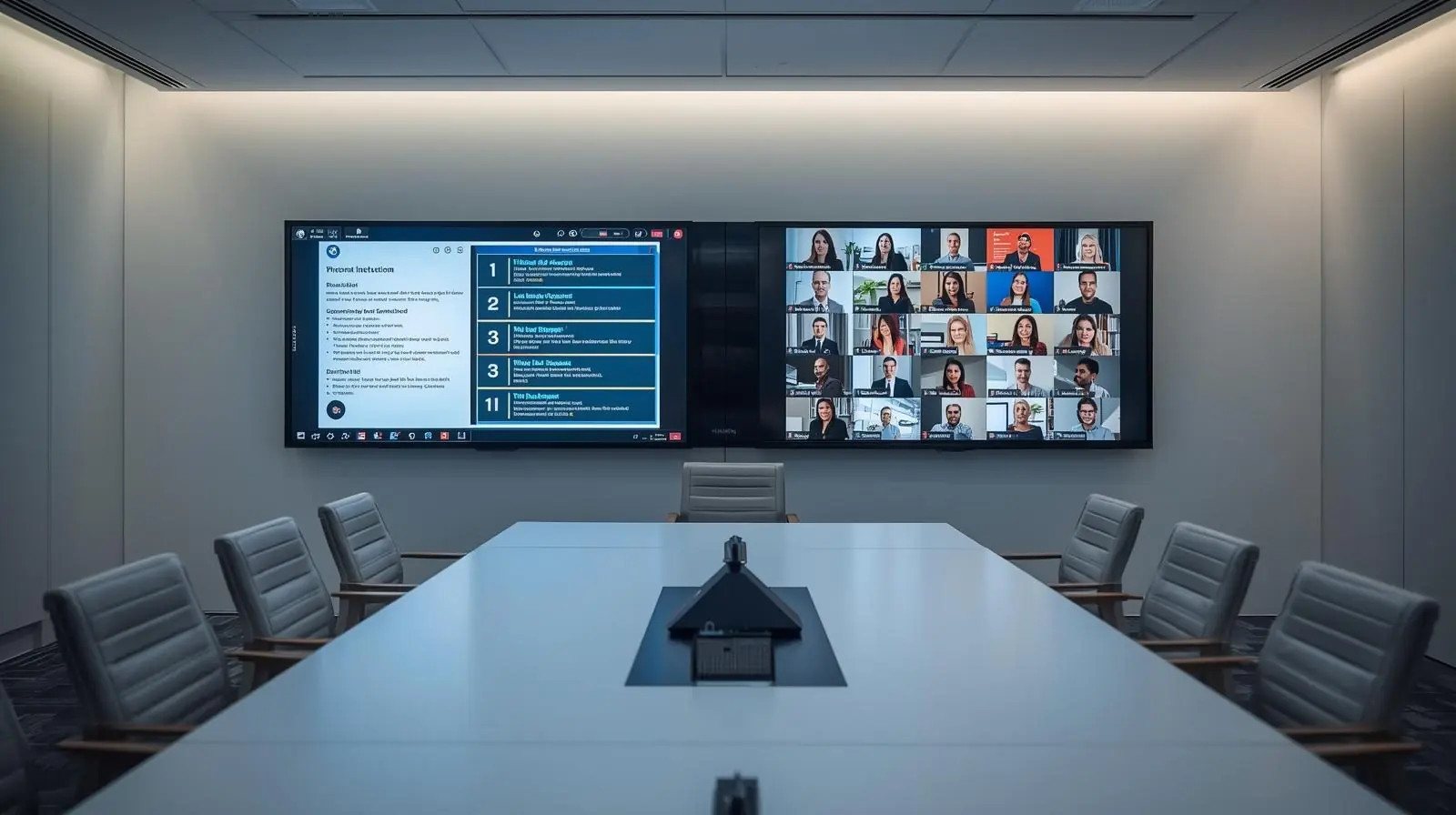 Conference room with dual displays showing both presentation slides and remote participants