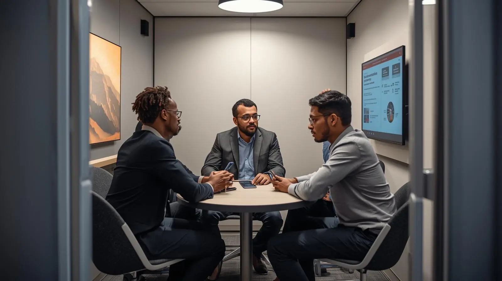 Compact space with 3 to 4 people around a small table, screen sharing wirelessly onto a wall-mounted display