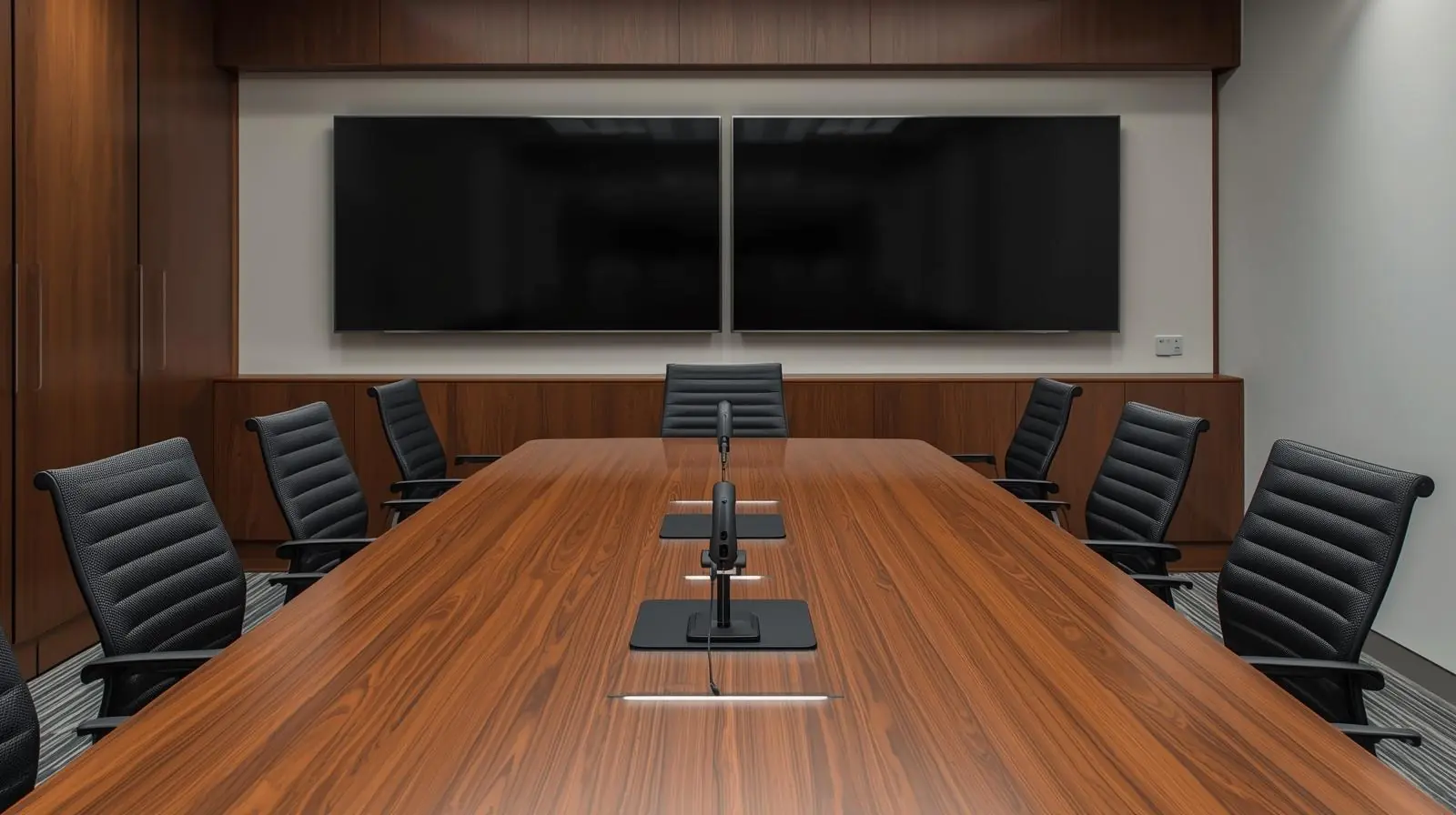 Room with about 6 to 8 chairs, dual screens, and a conference table mic system