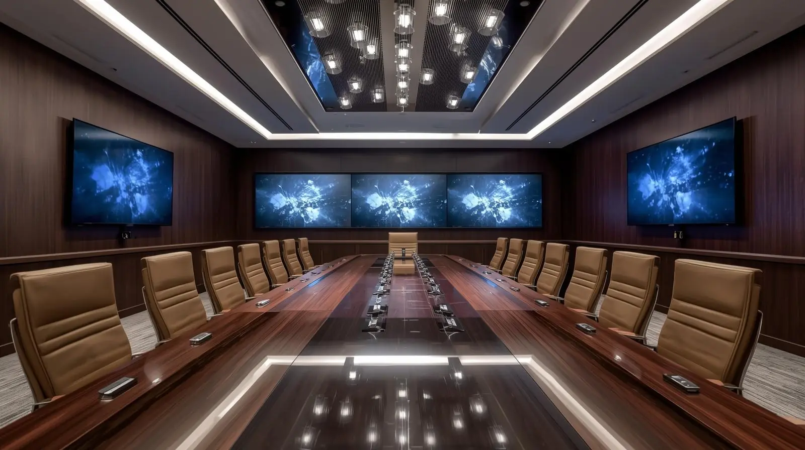 A boardroom with a long table, multiple ceiling mics, and several large displays