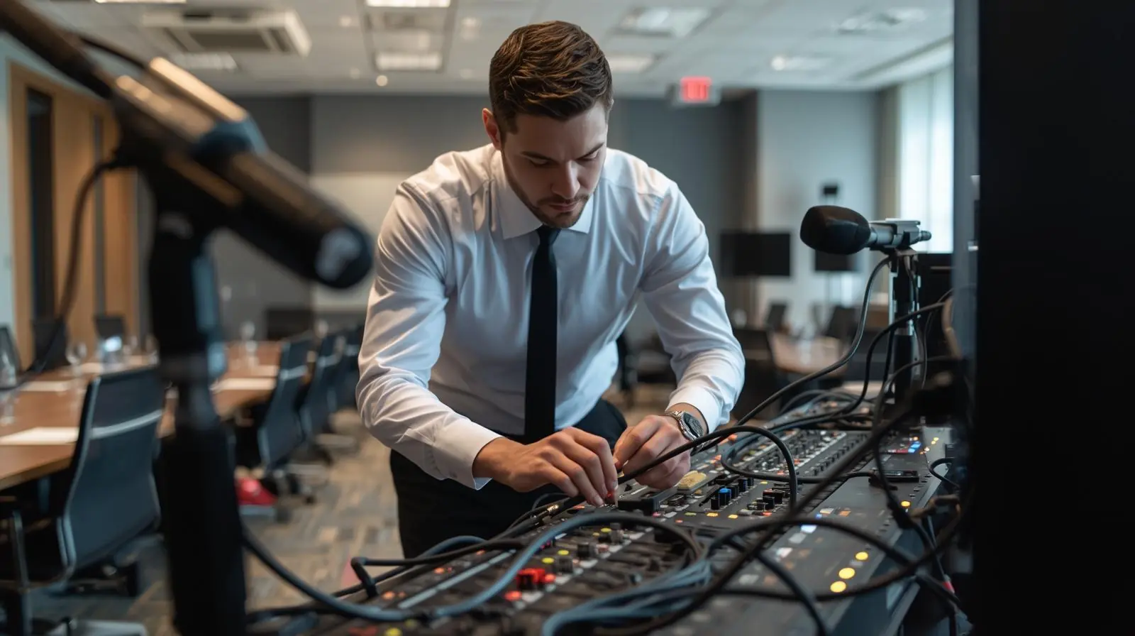 A professional AV technician installing or configuring equipment in a conference room