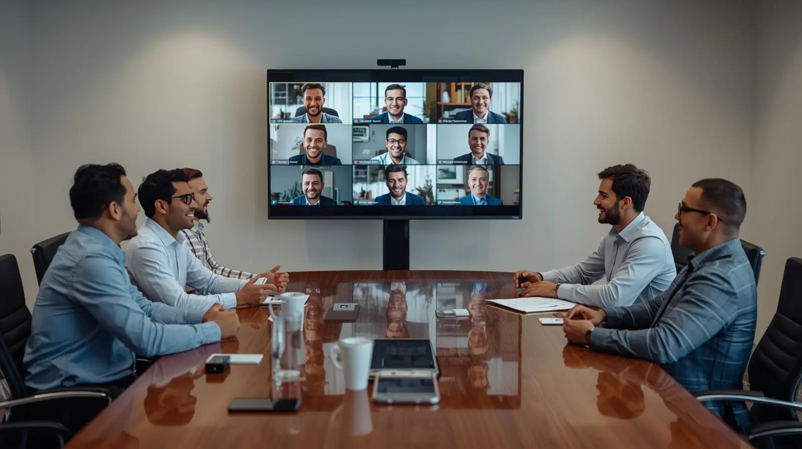 Successful hybrid meeting in-room participants smiling and engaged while remote participants appear clearly