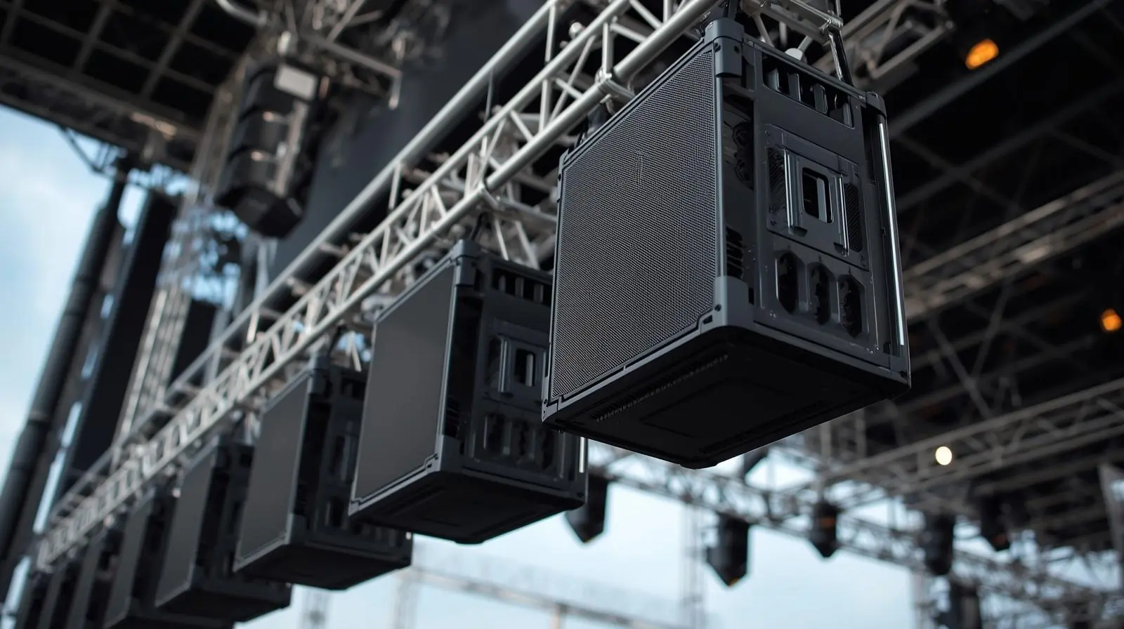 Close-up of a line array speaker system hanging from a truss at an outdoor concert