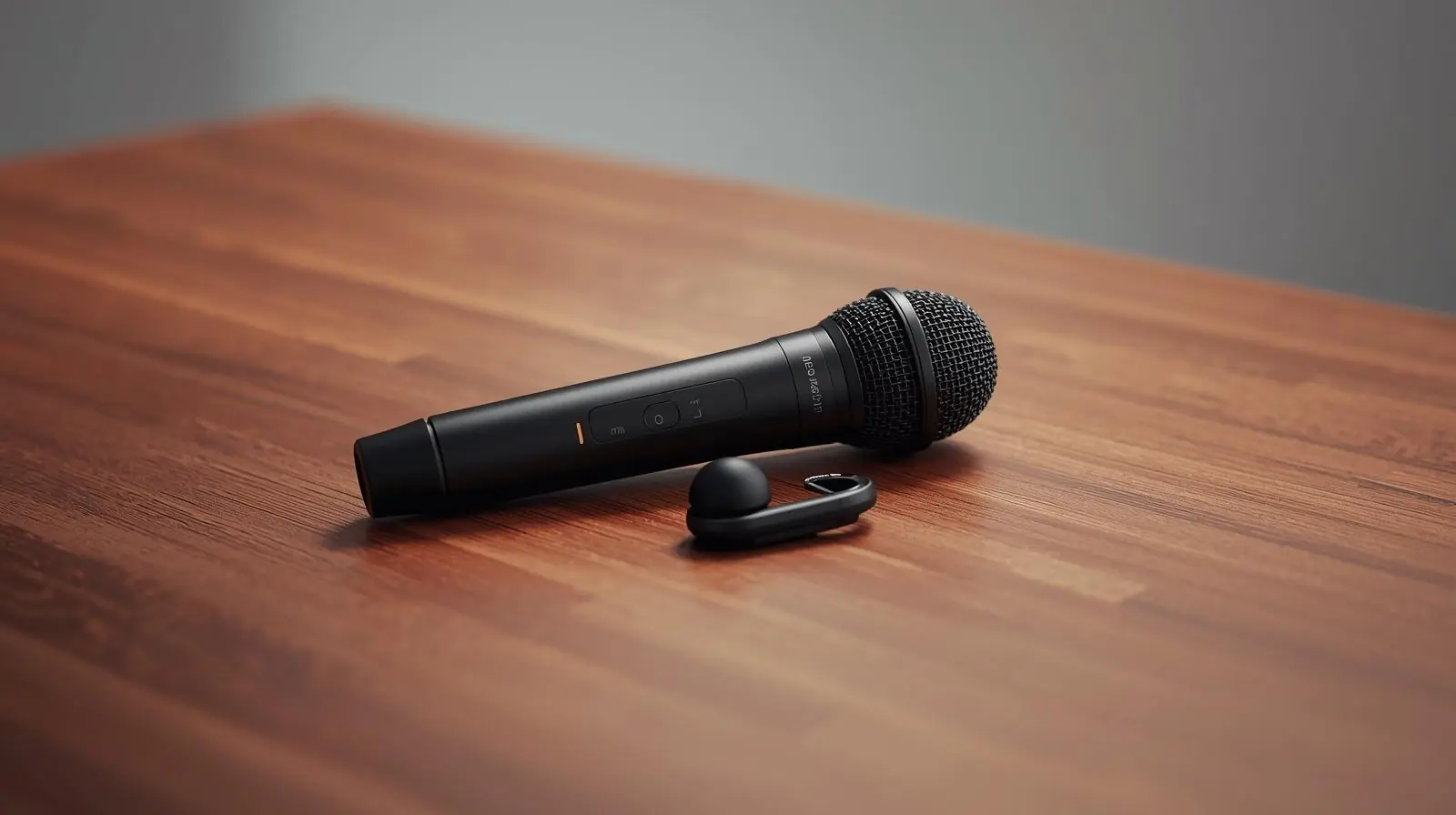 A wireless handheld microphone and a lapel mic on a table, clean and professional