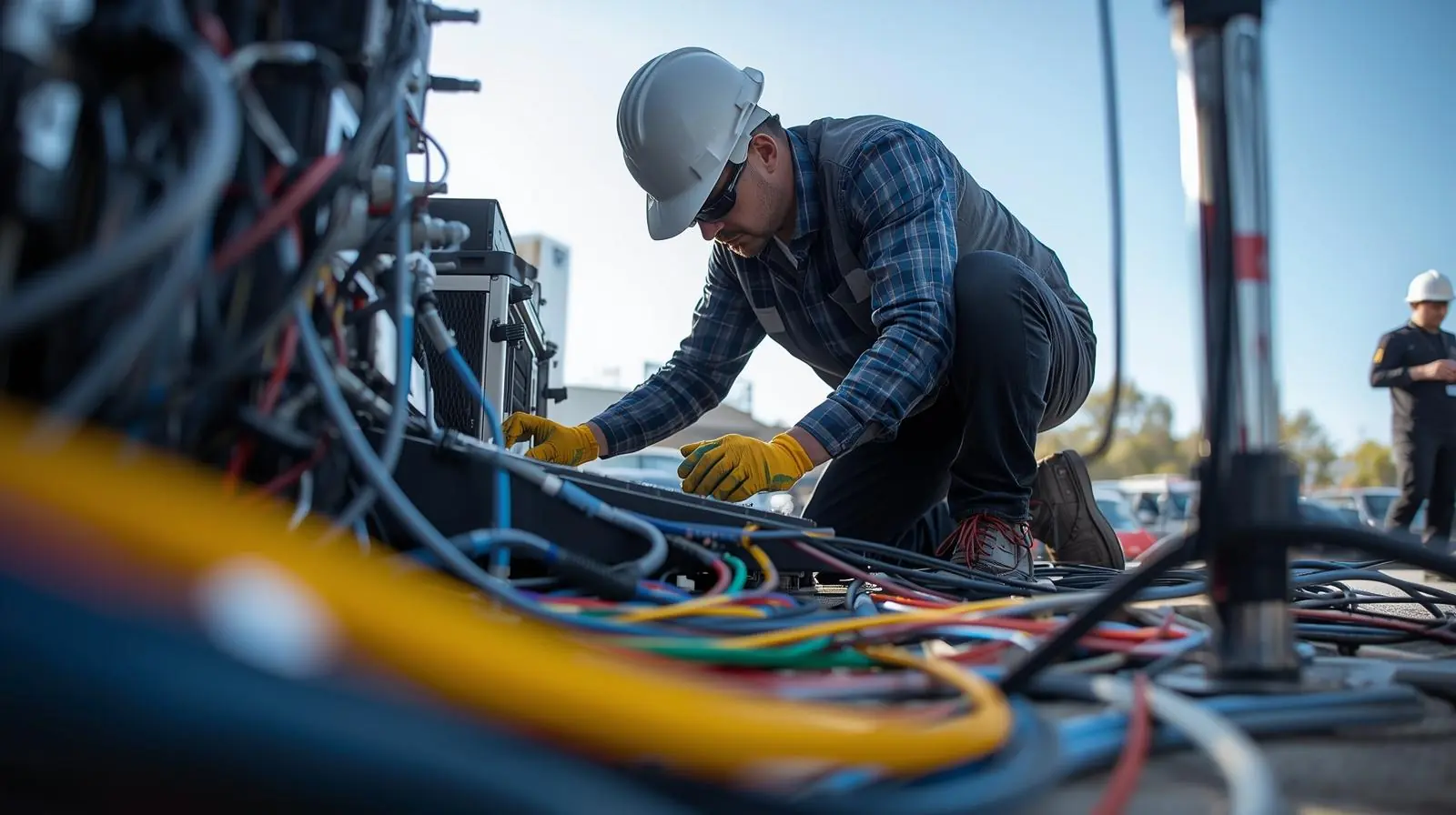 Technician adjusting a mixing console outdoors, with visible cables and protective gear
