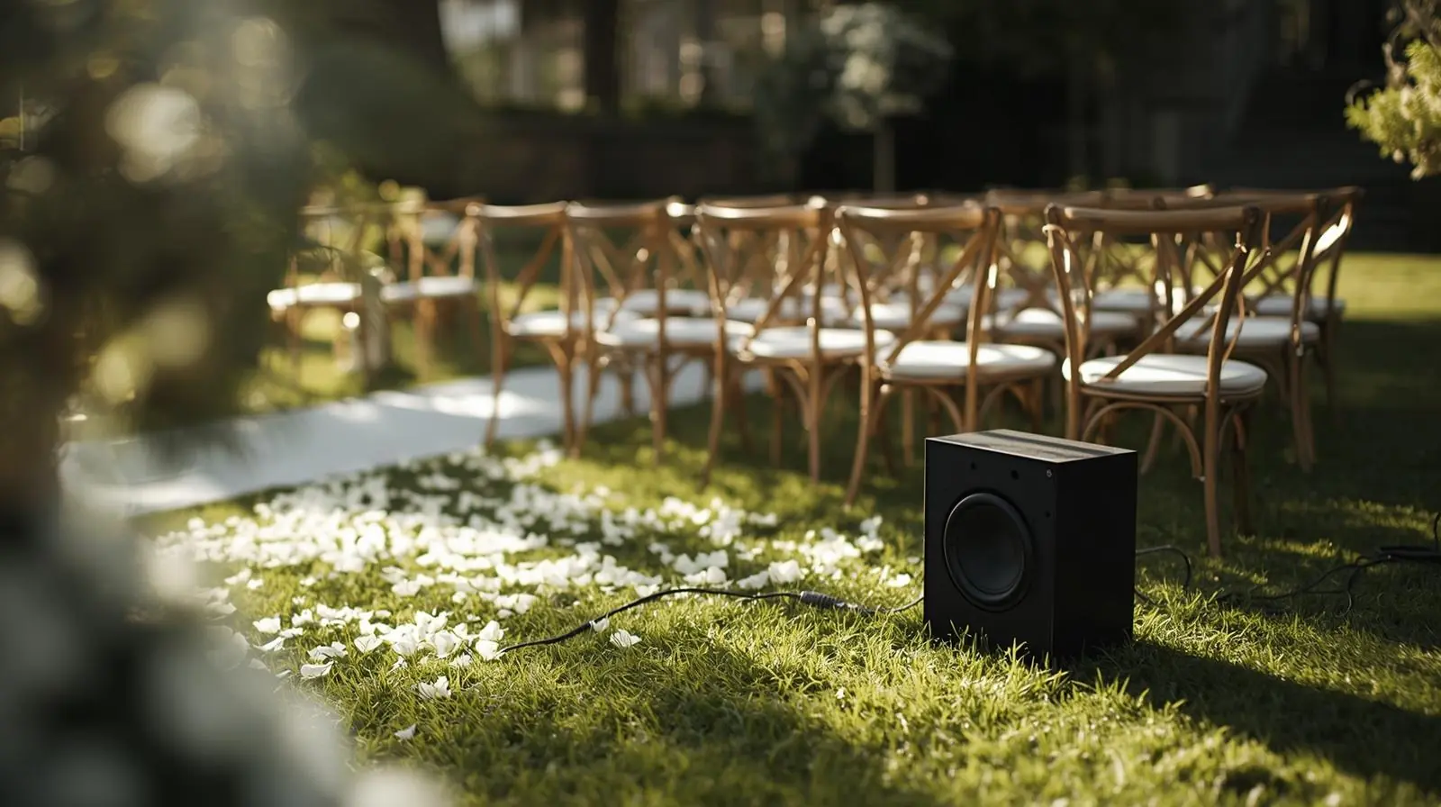 Small, elegant outdoor wedding ceremony with discreet speakers tucked near chairs