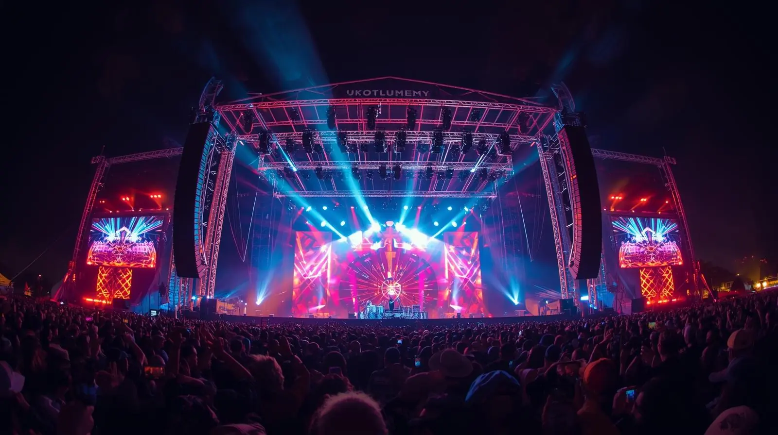 A large outdoor festival stage with powerful speakers, subwoofers, and visible crowd