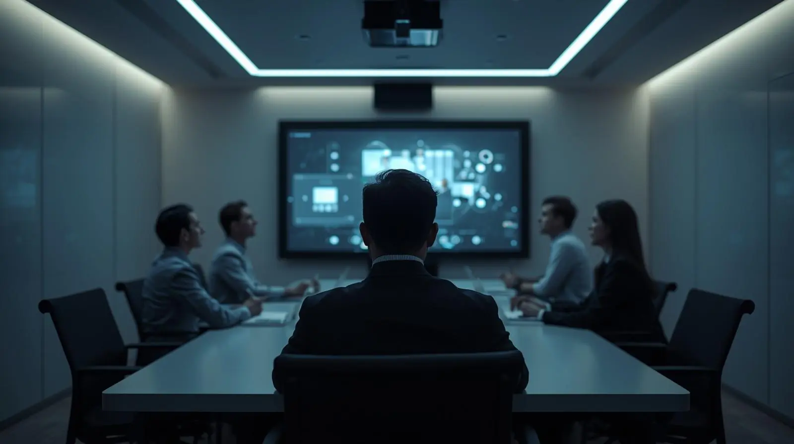 A smart meeting room in action, camera auto-framing participants, screens adjusting brightness