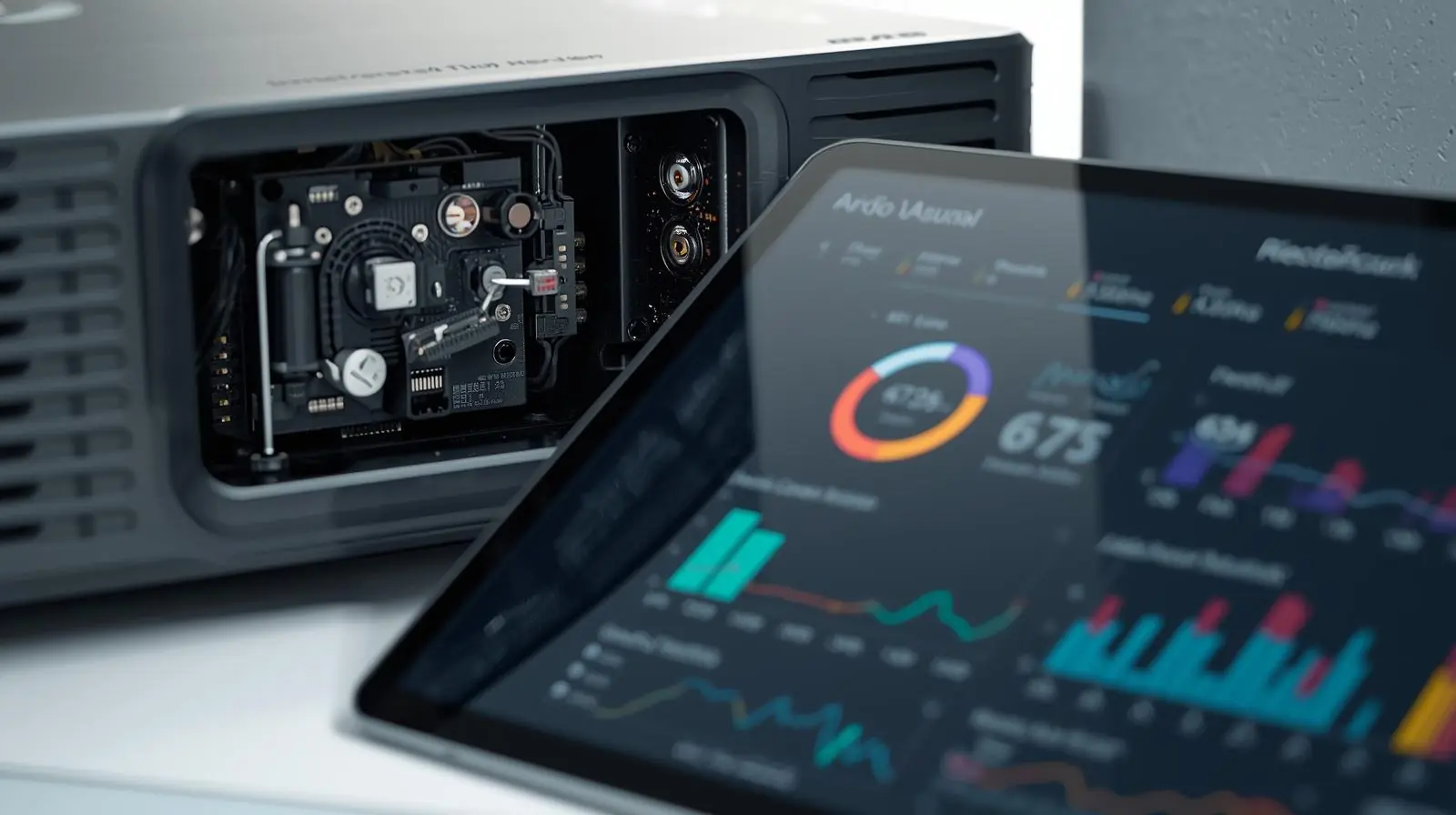 Close-up of IoT sensors installed on AV hardware (like a projector or speaker) with a digital dashboard