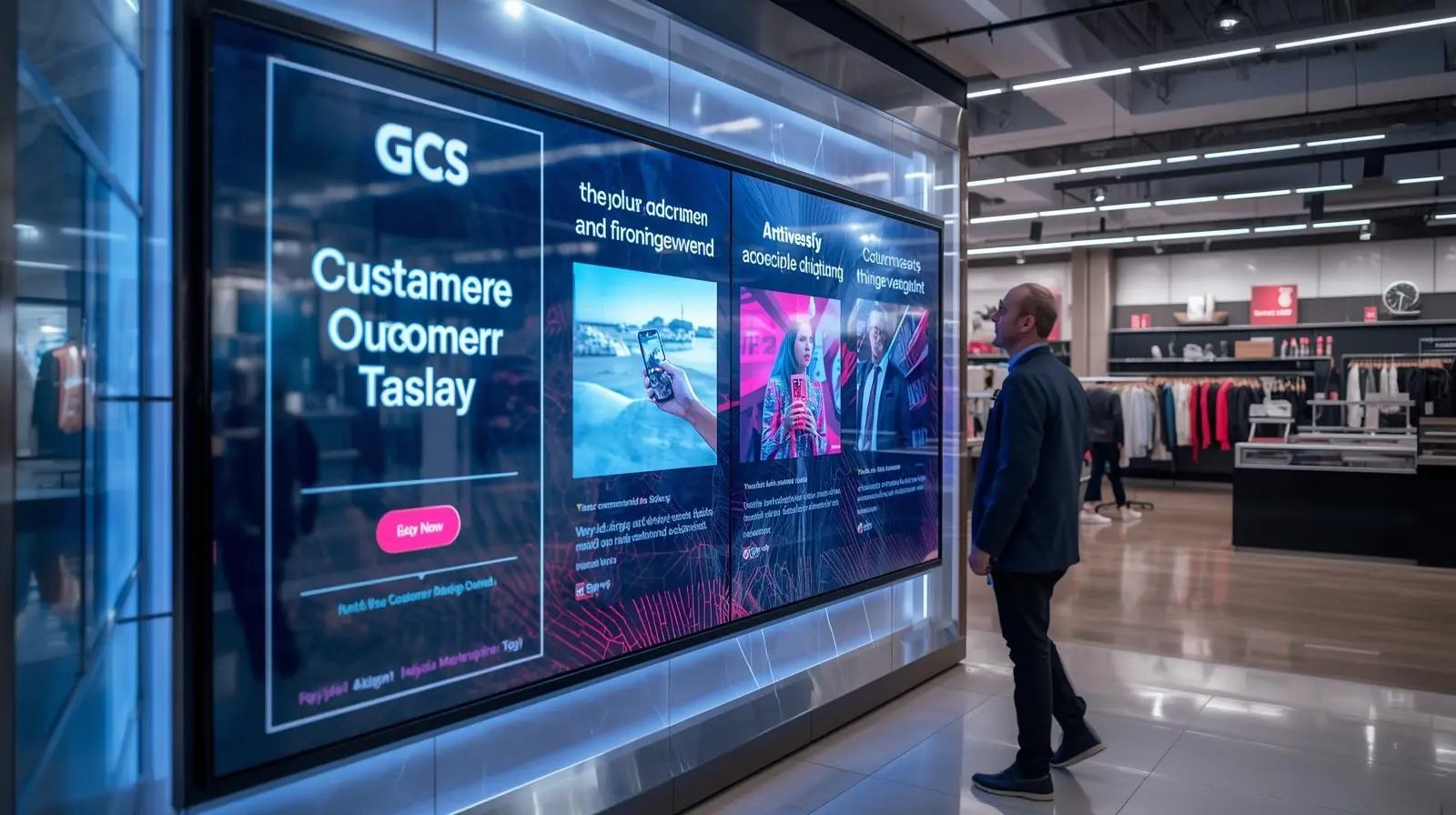 A digital signage display in a retail store showing dynamic