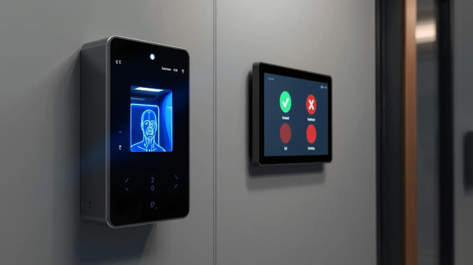 A workplace entry system with facial recognition or biometric authentication tied to AV security systems