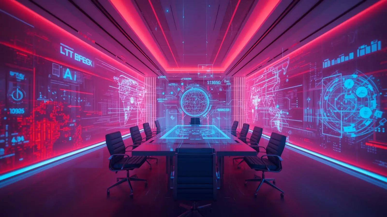 Futuristic AR VR meeting space or holographic collaboration with AI-powered visual overlays