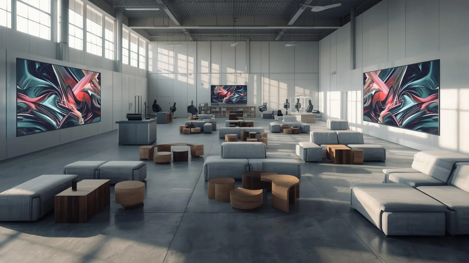 Flexible room setup with movable furniture, large displays, and connected devices