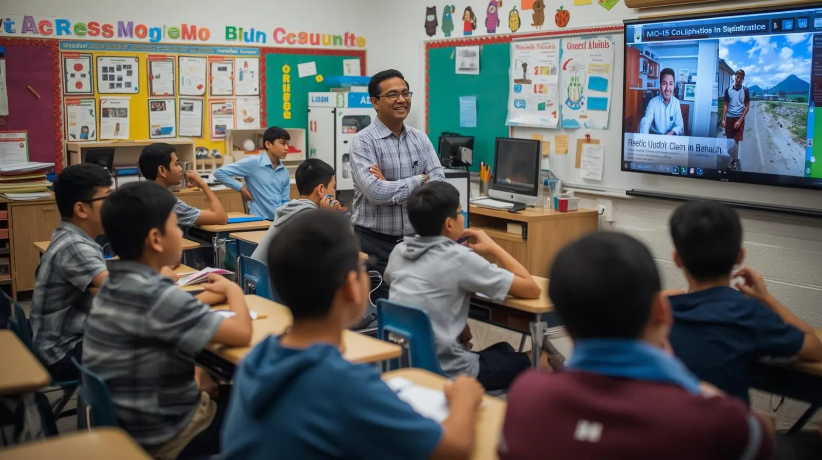 A teacher conducting a class where some students are physically present, while others appear on a large screen