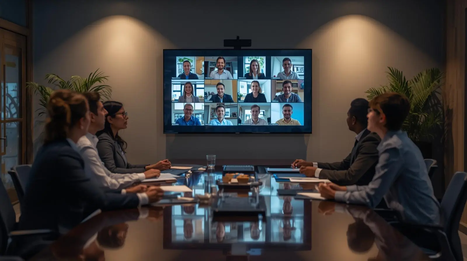 A hybrid business meeting with employees around a table and remote participants on a wall display